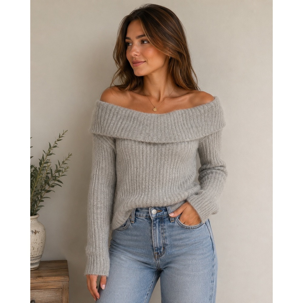 Reformation Grey Oberon Baby Alpaca Merino Wool Off Shoulder Sweater Large